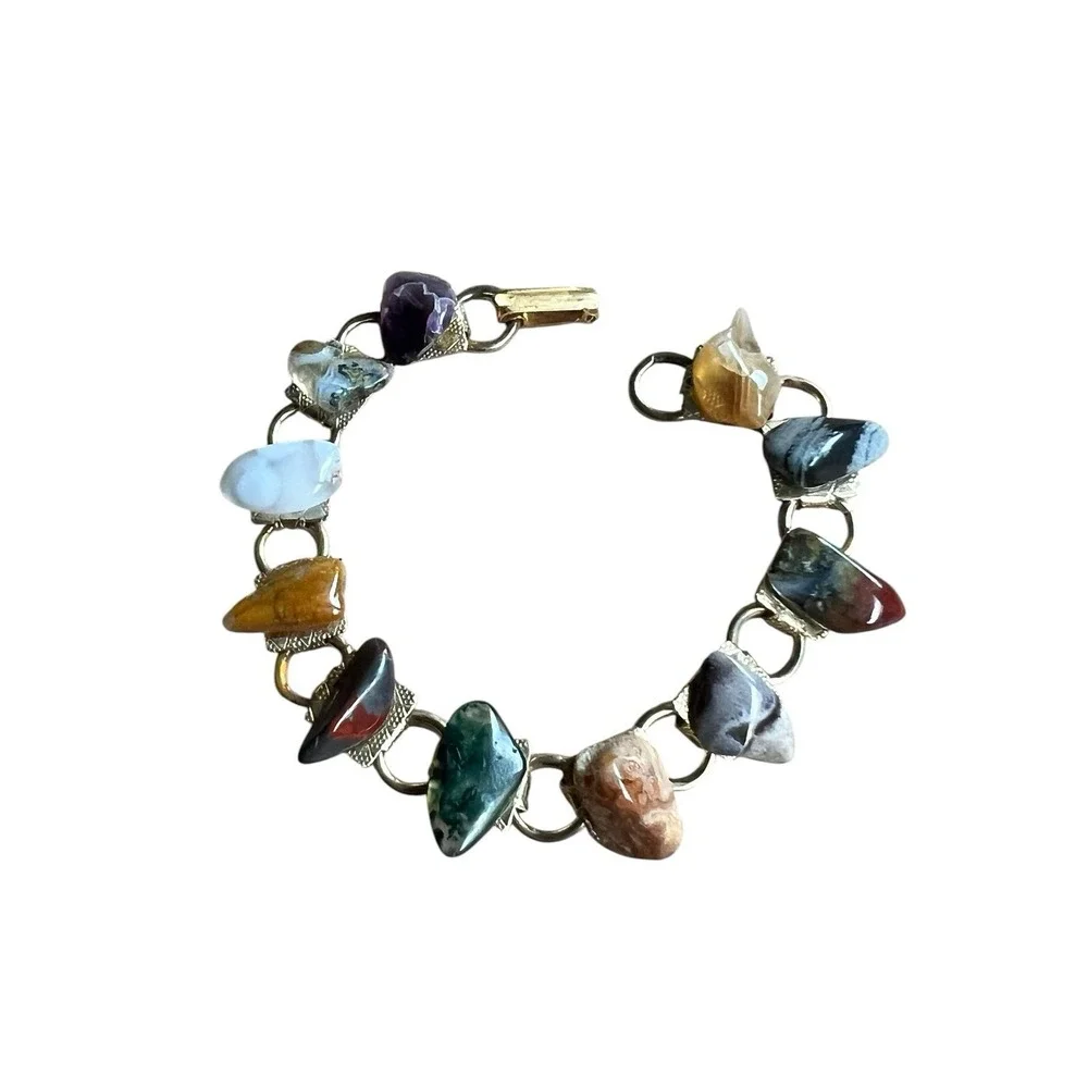 Vintage Semi Precious Natural Polished Tumbled Stones Link Bracelet